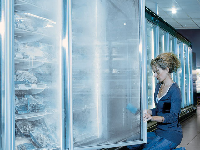 Woman cleaning freezers in a grocery store 